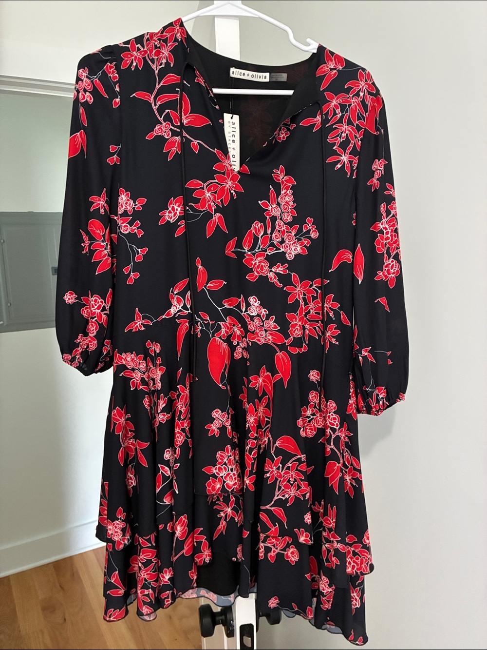 Alice + Olivia Black Mini Dress with Red Floral Print